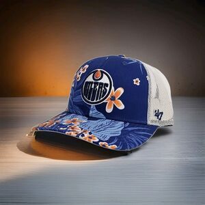 Edmonton Oilers Snapback Floral NHL Trucker Hat, '47 Brand Fiji Blue/Orange NWT